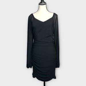 ZESICA Ruched Bodycon Mini Dress M Long Sheer Sleeves Black NEW